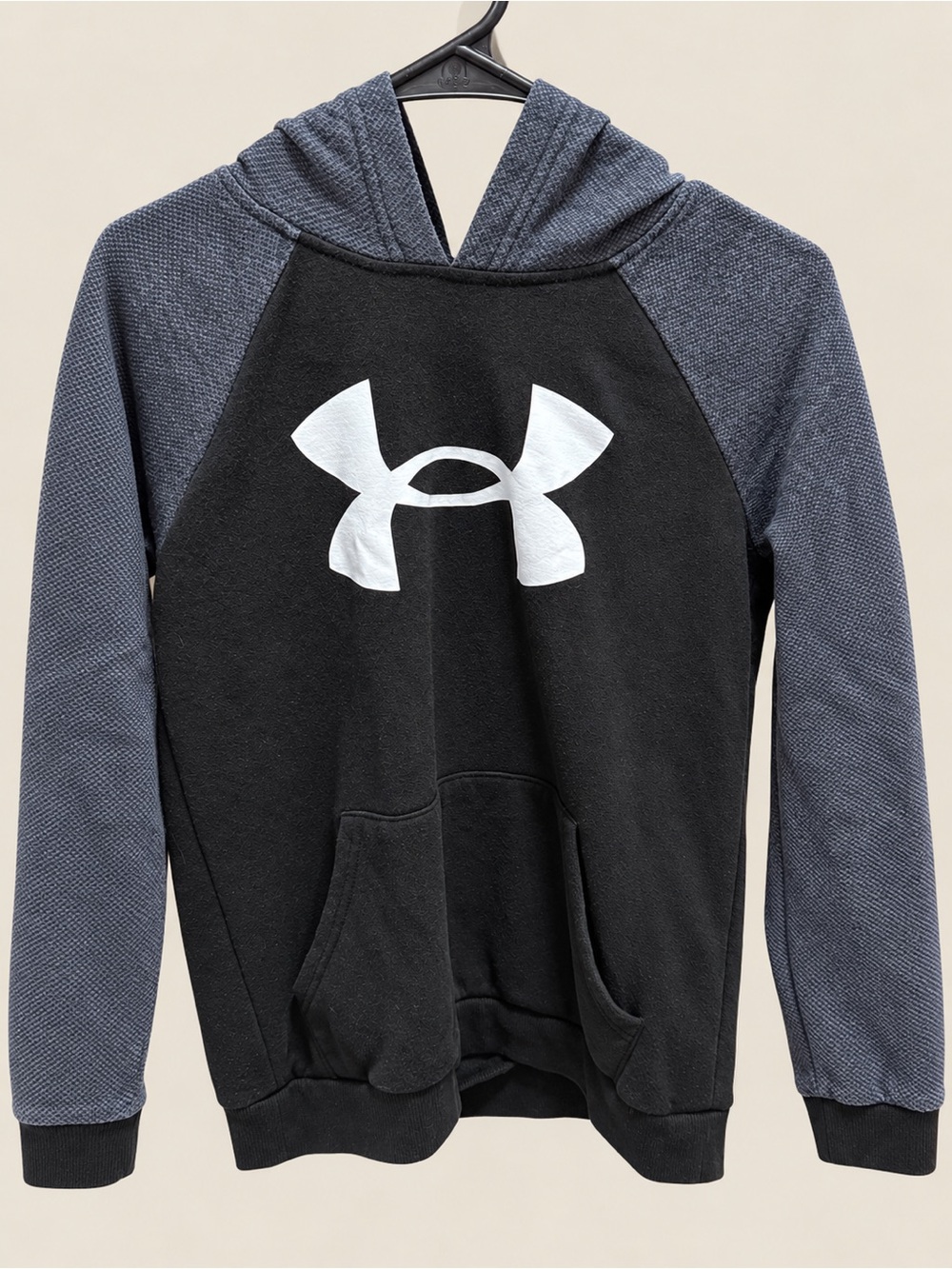 Under Armour Kids Black Hoodie with Gray Raglan Sleeves & White Logo